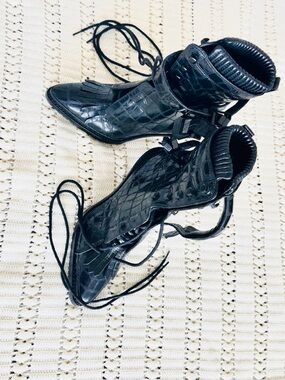 Alexander Wang Black Croc-Embossed Lace-Up Pointed Ankle Boots